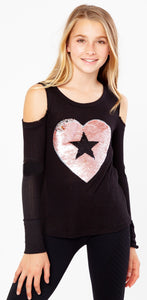 Clearance - Malibu Sugar Black Long Sleeve Slashed Open Shoulder Reverse Sequin Heart - Size 14